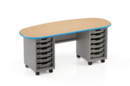 Cascade Teacher Desk, Double Bullet, w/ twelve 3" Totes (Open)