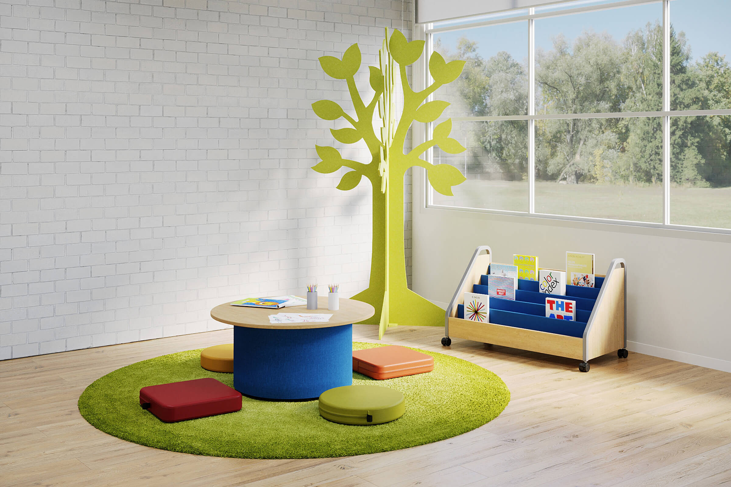 Elementary Classroom Corner_Tree_Book Display_Isle_Ottoman Surface_3